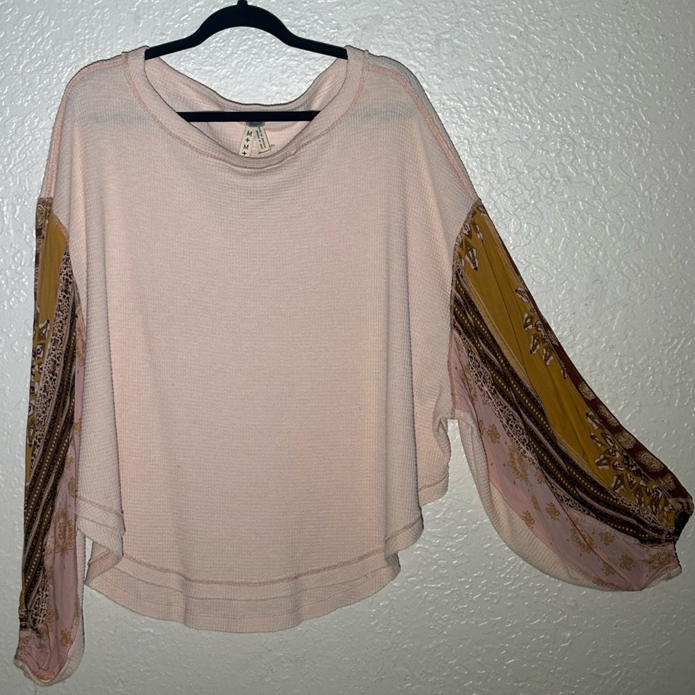 We The Free Boho Thermal Top 🤍 Mixed Print Balloon Sleeve | Size M